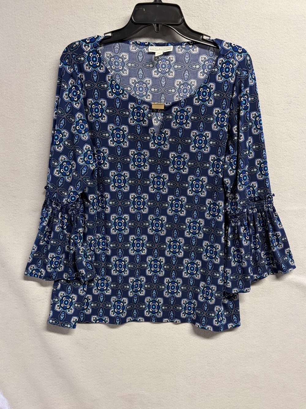 Dana Buchman Navy Blue Floral Bell-Sleeve Blouse XL